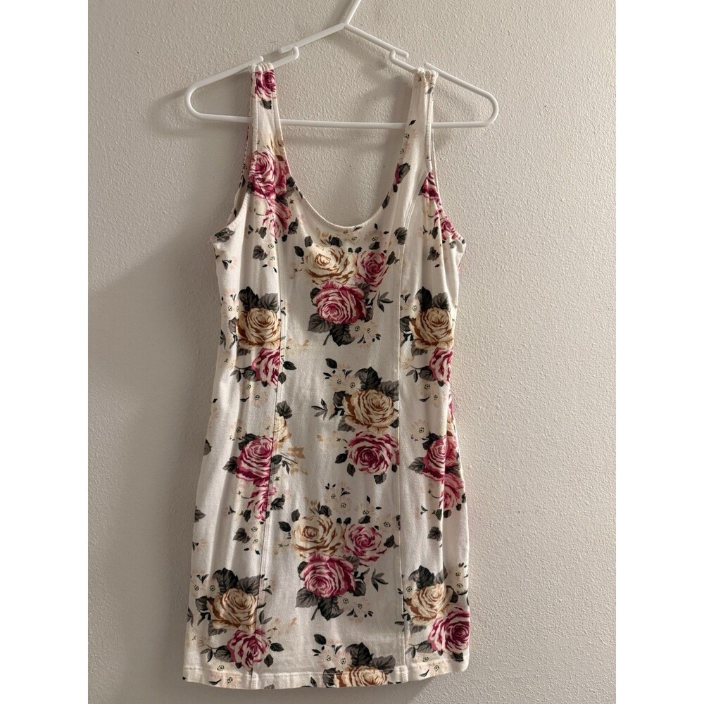 Forever 21 Floral Rose Mini Dress Sleeveless Pink Cream Stretch XS